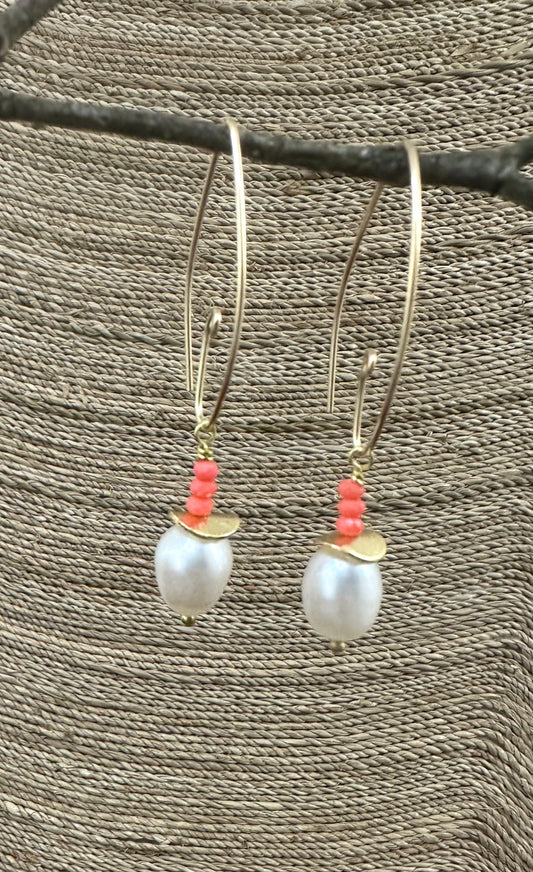 Pearl and Crystal/Stone Earrings (Coral, Teal & Amazonite)