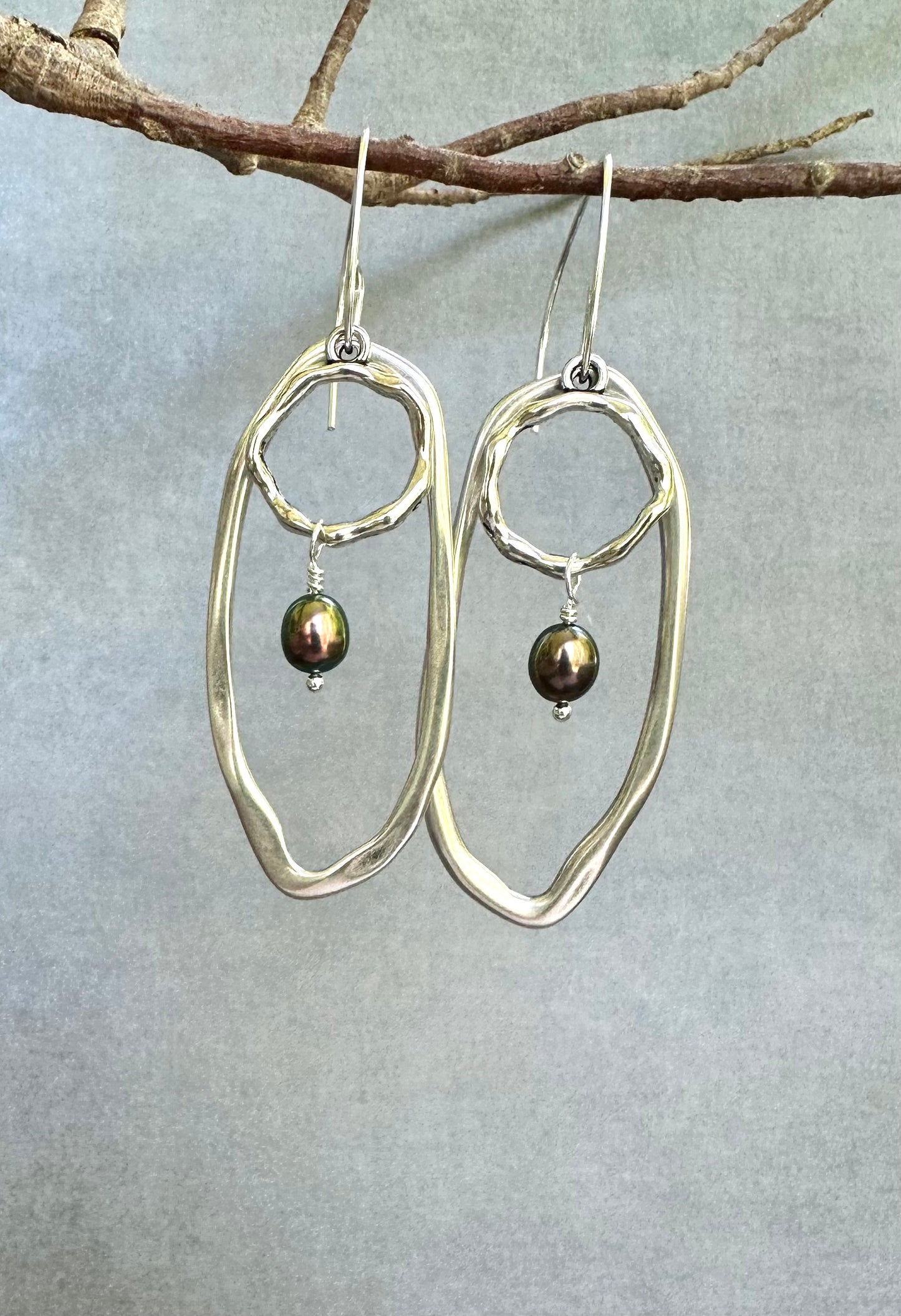 Bronze Peacock Pearl Earrings on Long Ovals