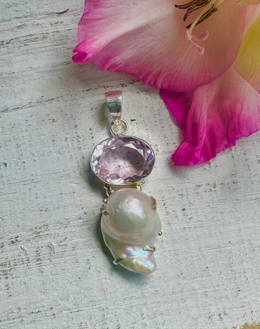 Baroque Pearl with Pink Quartz Pendant