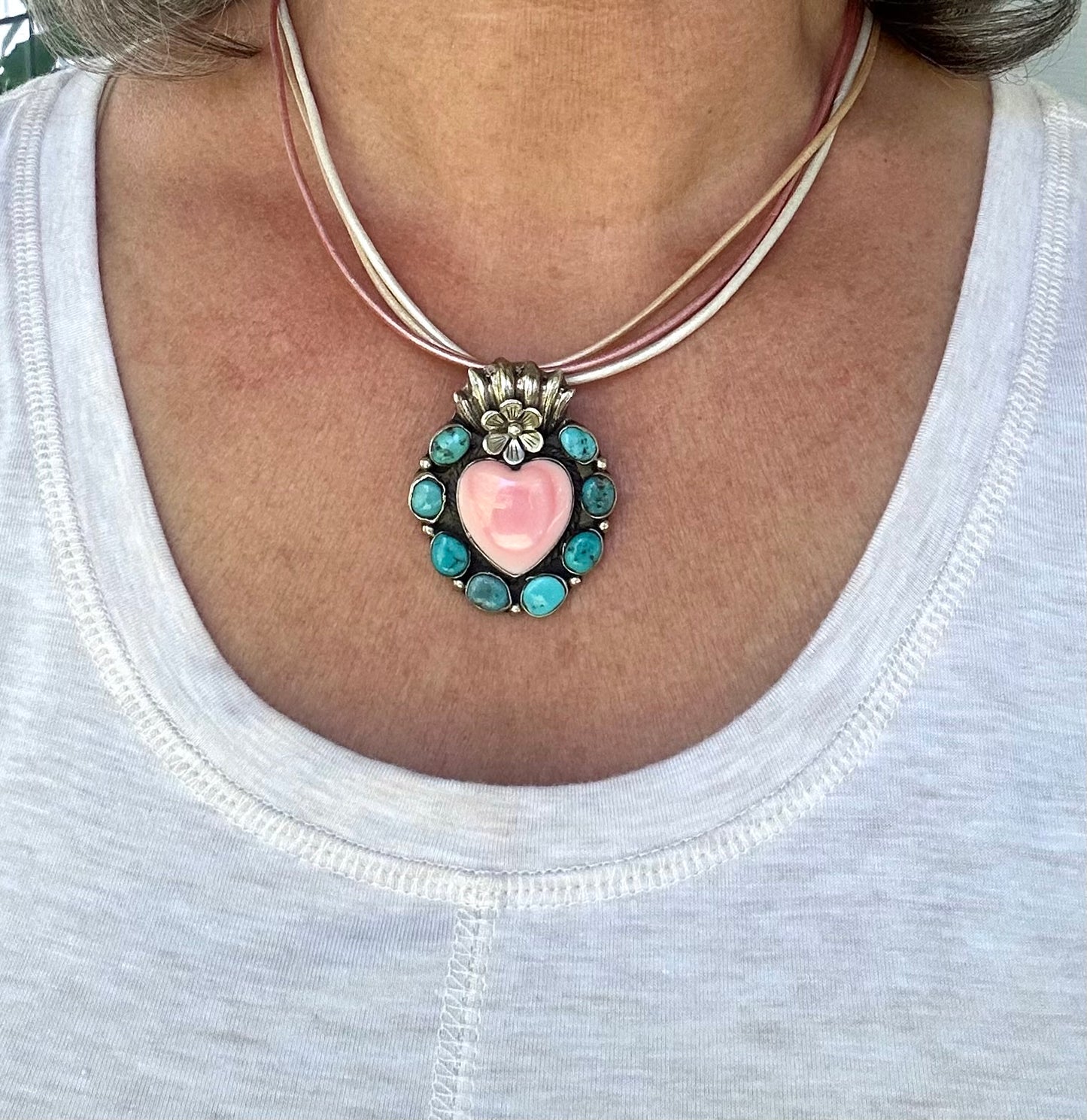 Turquoise with Pink Conch Heart Necklace