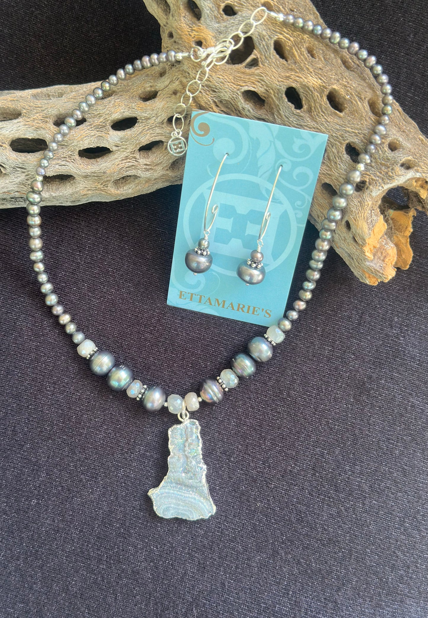 Desert Druzy with Gray Peacock Pearls (sold as set)