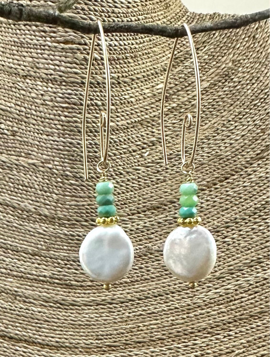Green Opal Coin Pearl Earrings