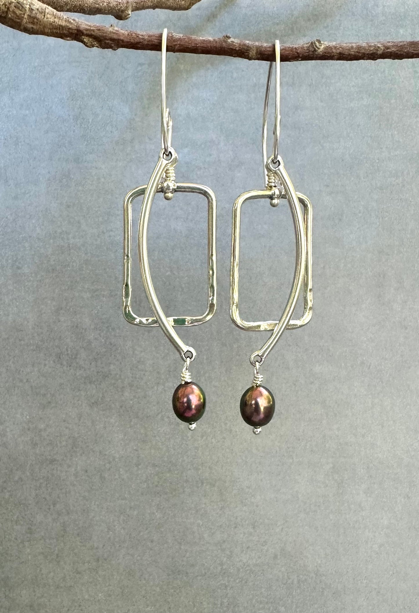 Bronze Peacock Pearl Earrings with Rectangles