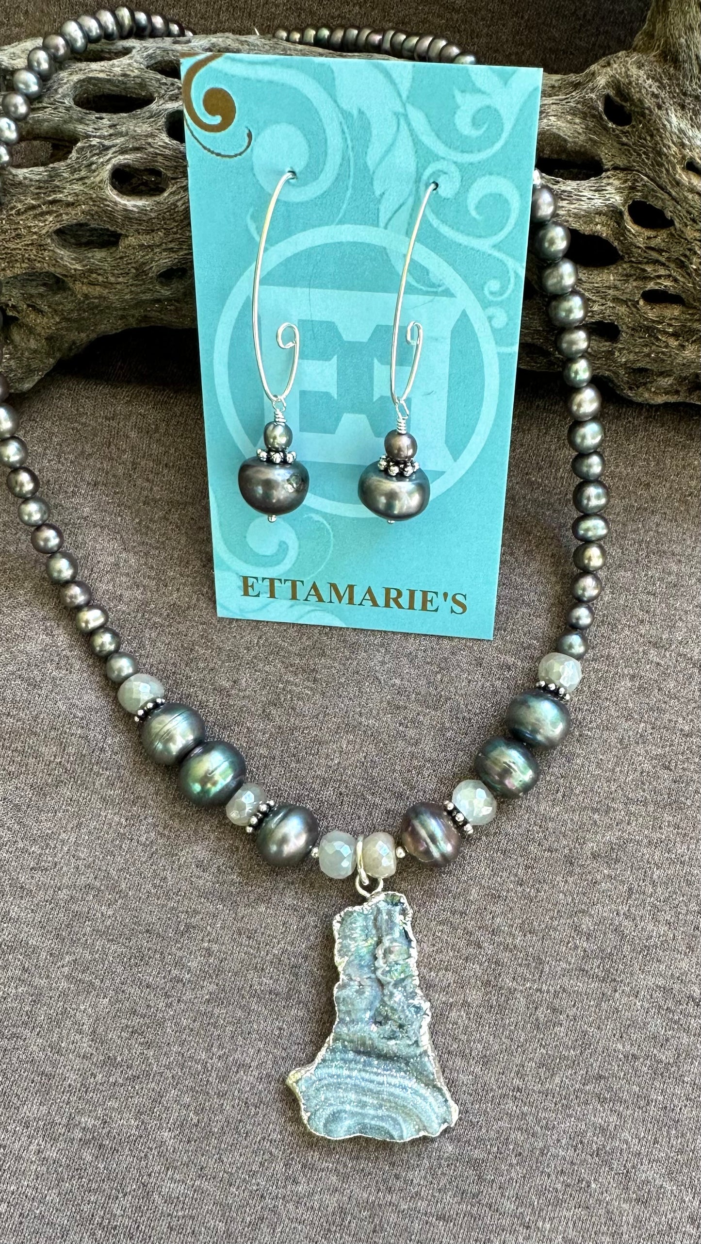 Desert Druzy with Gray Peacock Pearls (sold as set)