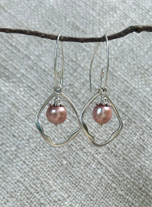 Pink Pearl and Scalloped Teardrop Earrings