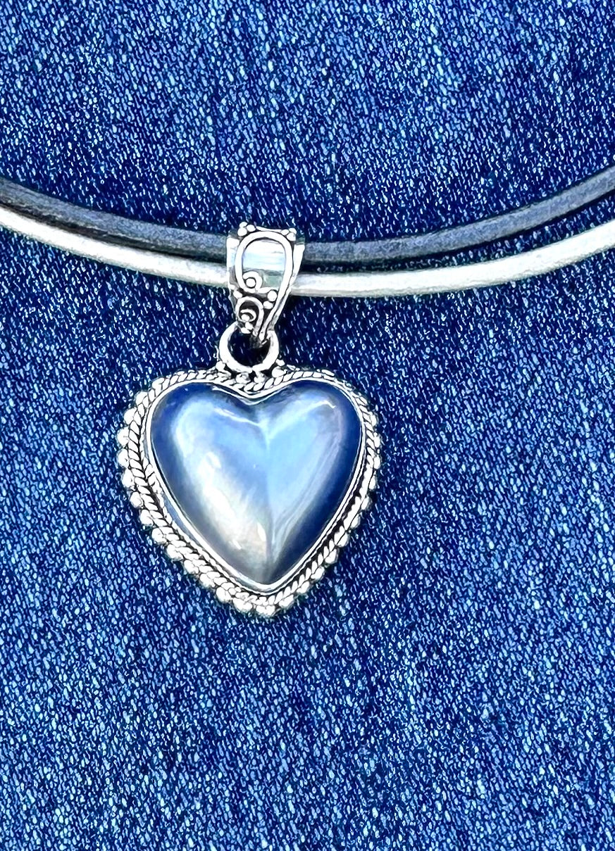 Blue Gray Mother of Pearl Heart Necklace