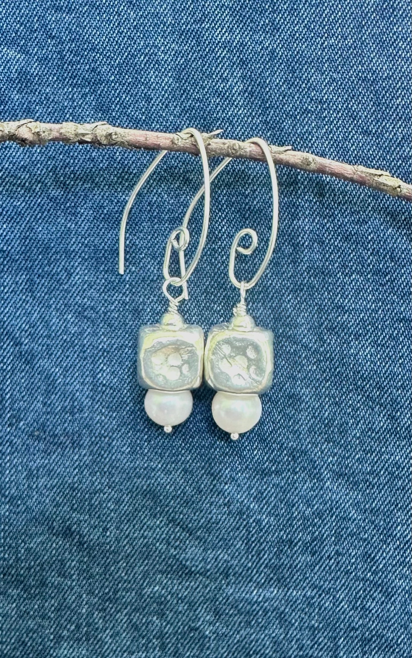 Sterling Cube and Pearl Earrings