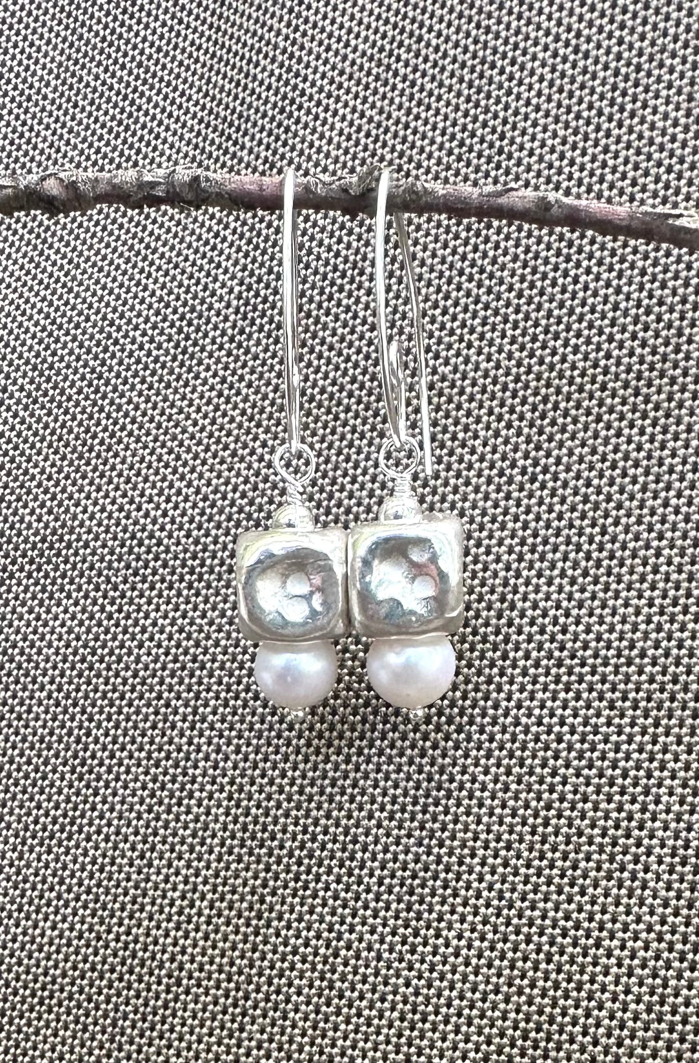 Sterling Cube and Pearl Earrings