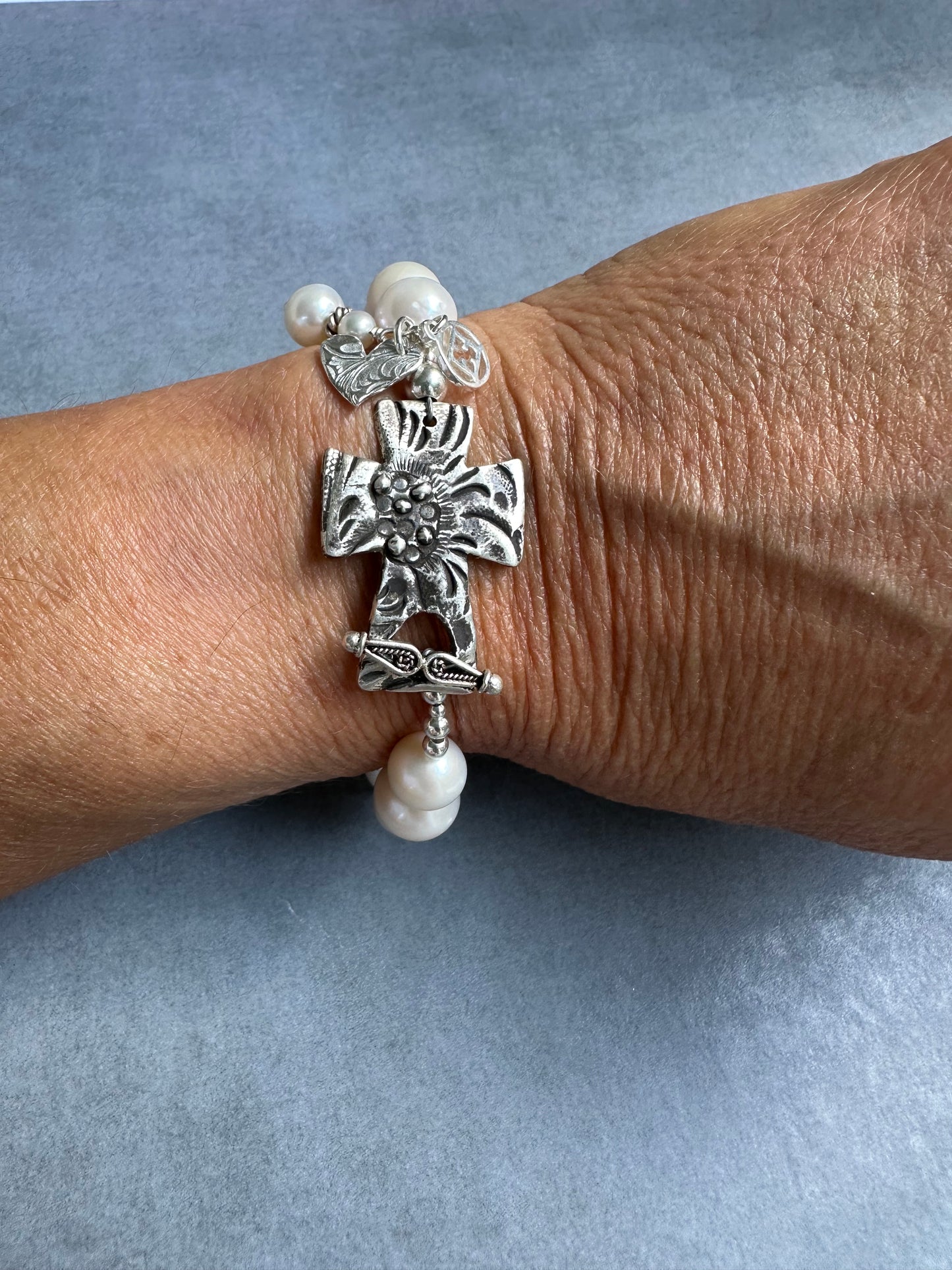 Artisan Cross and Pearl Bracelet
