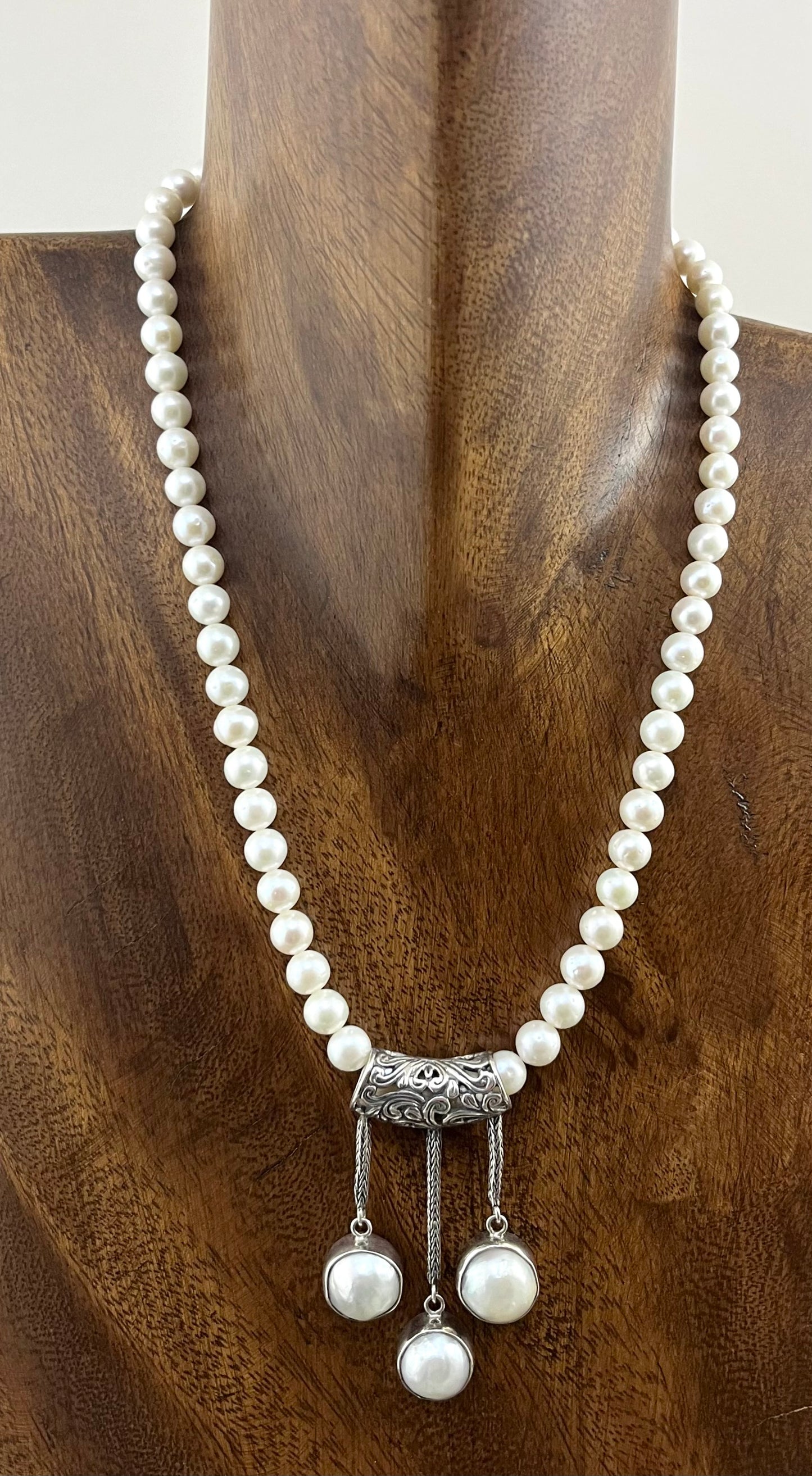 Pearl Necklace with Sterling Balinese and Pearl Slider