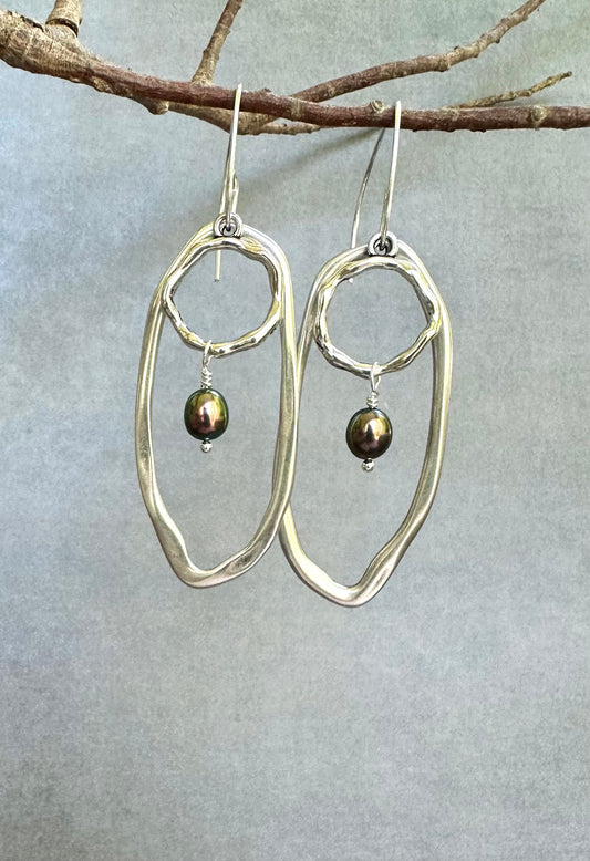 Bronze Peacock Pearl Earrings on Long Ovals