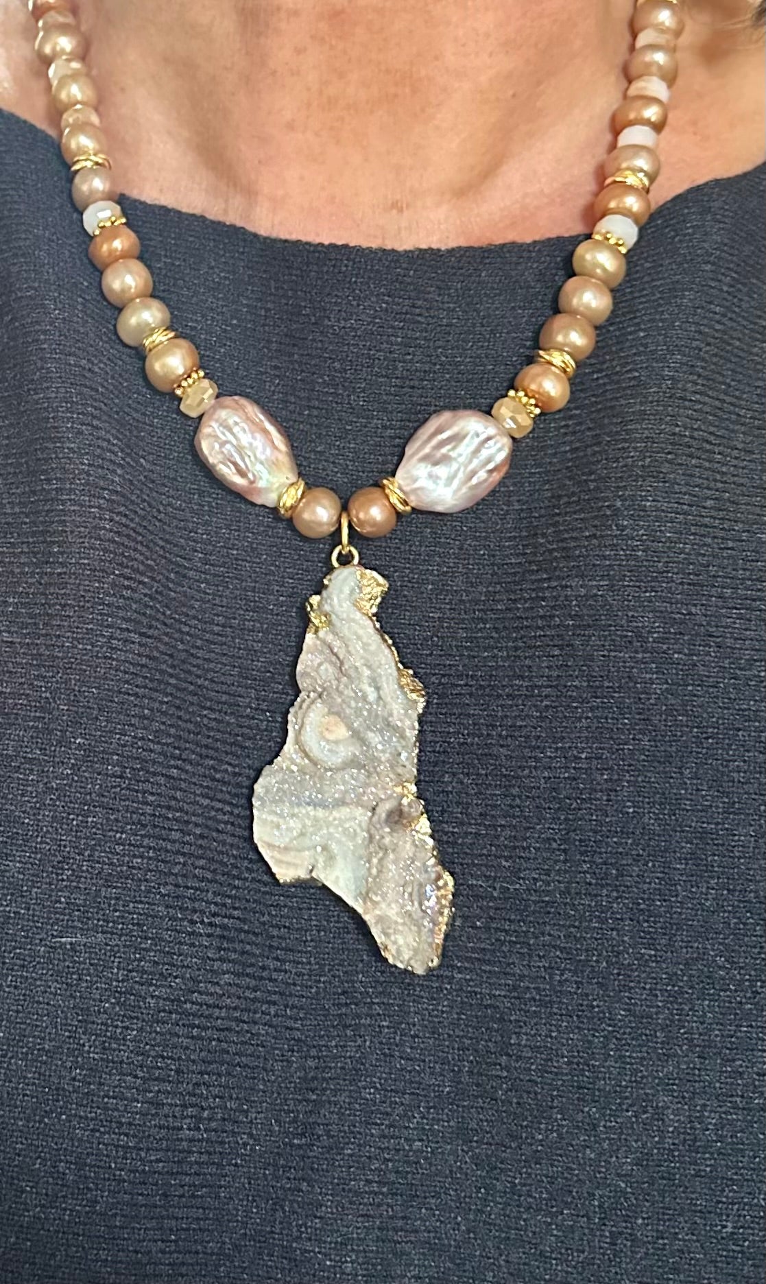 Vanilla Caramel Pearls with Desert Druzy Necklace (Set)