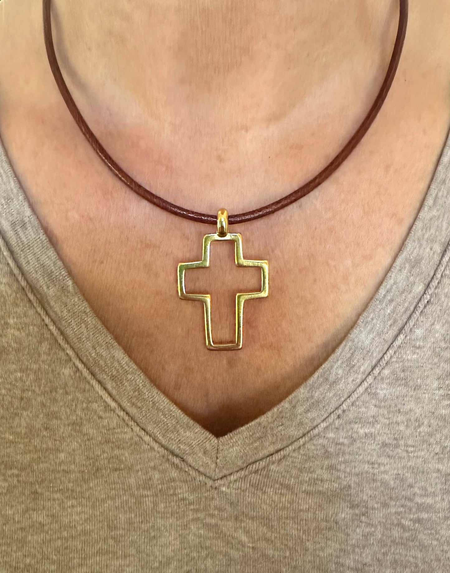 Gold Cross Necklace on Leather