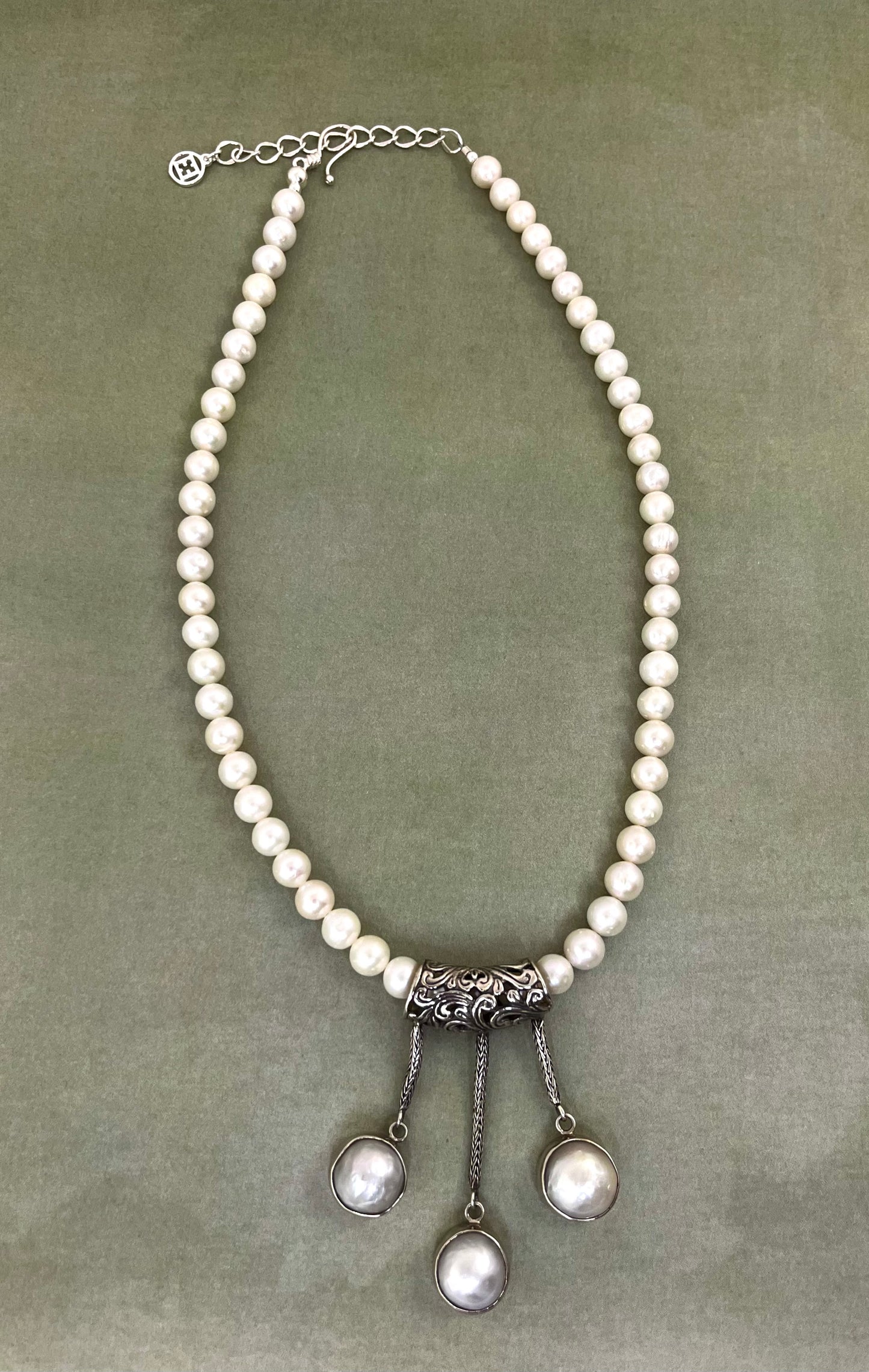 Pearl Necklace with Sterling Balinese and Pearl Slider