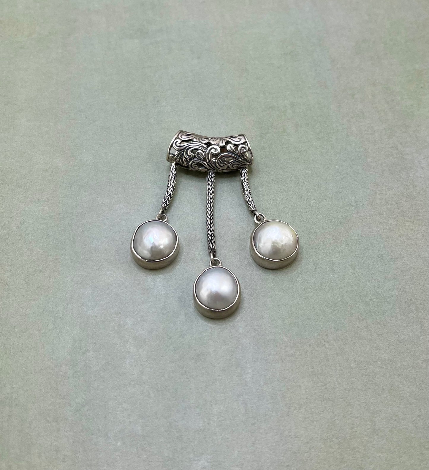 Pearl Necklace with Sterling Balinese and Pearl Slider