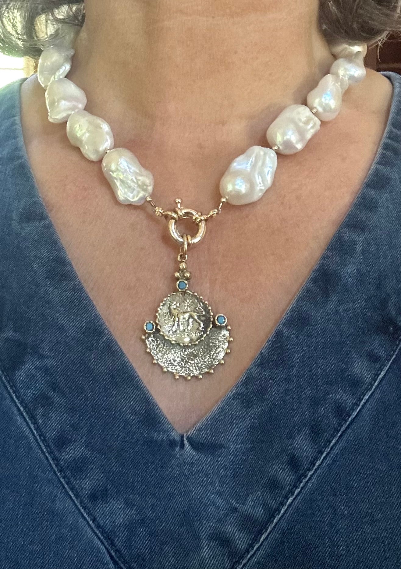 Large Baroque Pearl Necklace with Turkish Bronze Coin Pendant