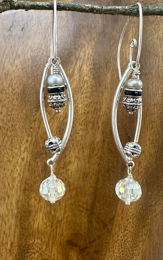 Crystal and Pearl Triple Dangle Earrings