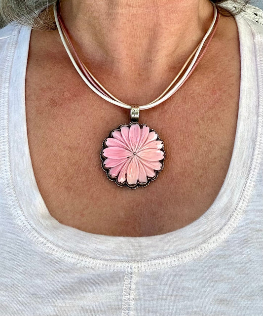Carved Pink Conch Flower Necklace