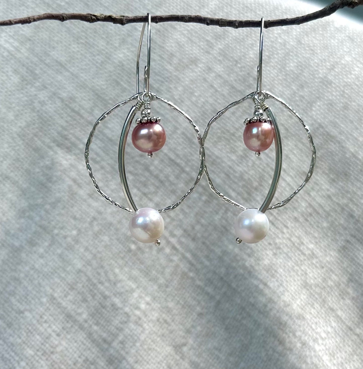 Pink and White Pearl Triple Dangle Earrings