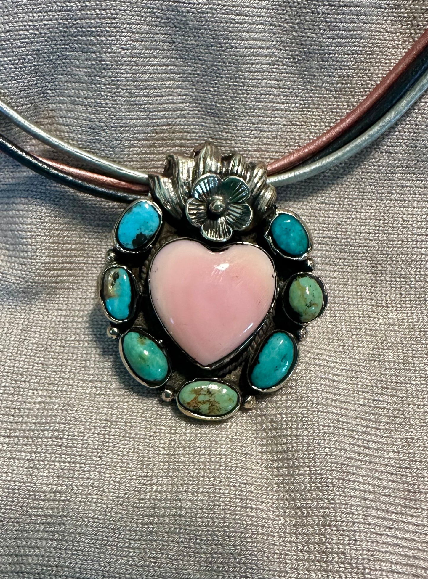 Turquoise with Pink Conch Heart Necklace