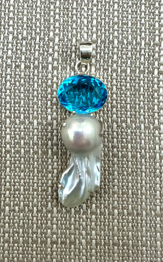 Baroque Pearl Pendant with Blue Quartz