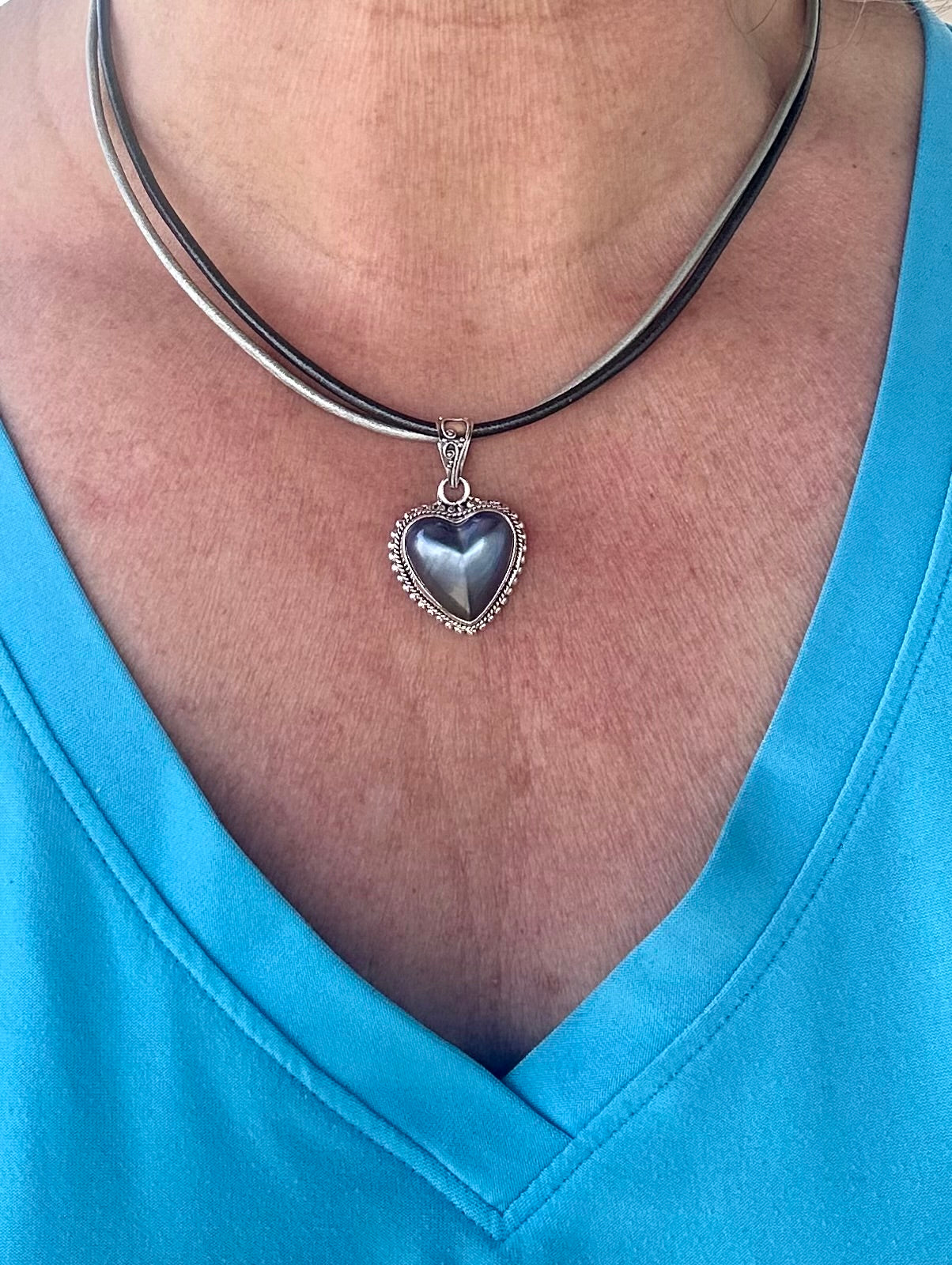 Blue Gray Mother of Pearl Heart Necklace