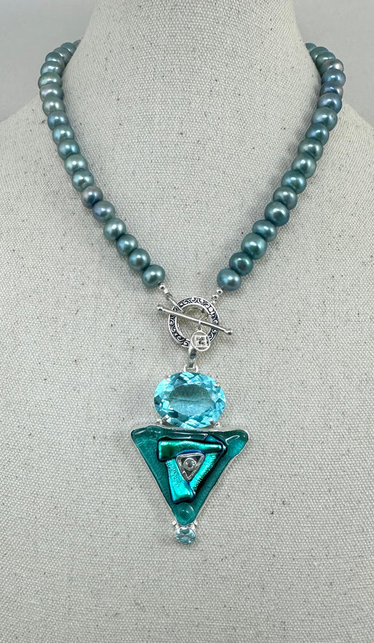 Blue Pearl Necklace with Dichroic Glass Pendant