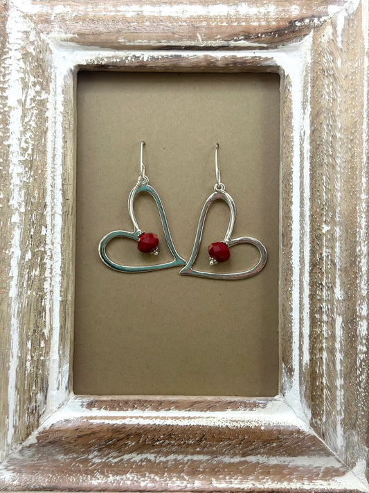 Silver and Ruby Heart Earrings