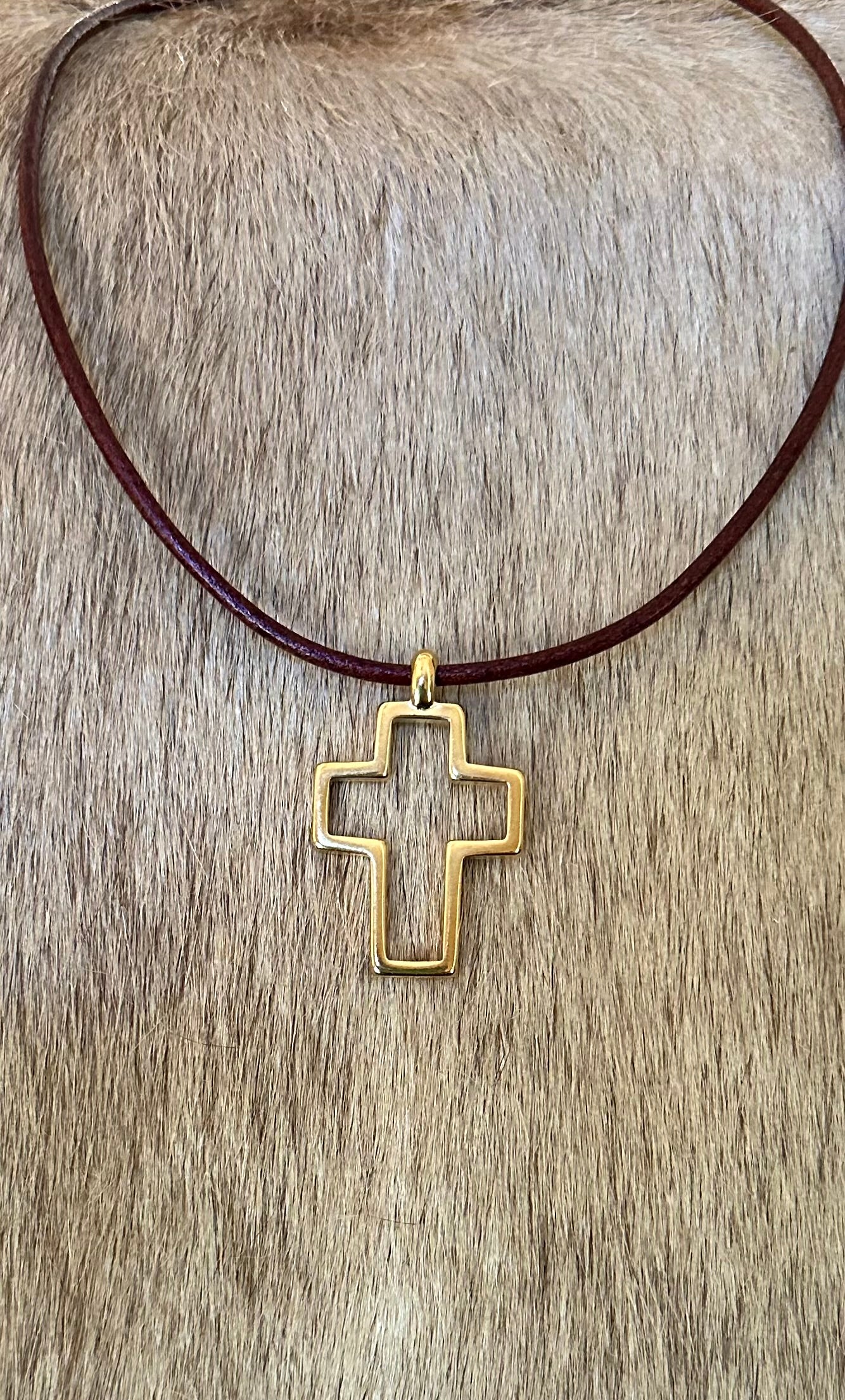 Gold Cross Necklace on Leather