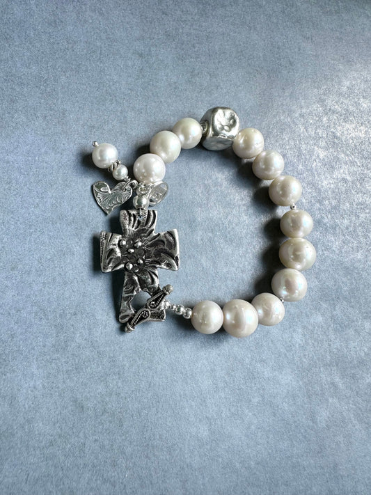 Artisan Cross and Pearl Bracelet