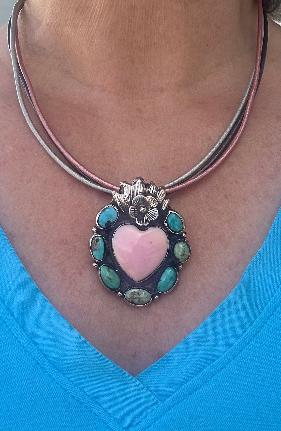 Turquoise with Pink Conch Heart Necklace