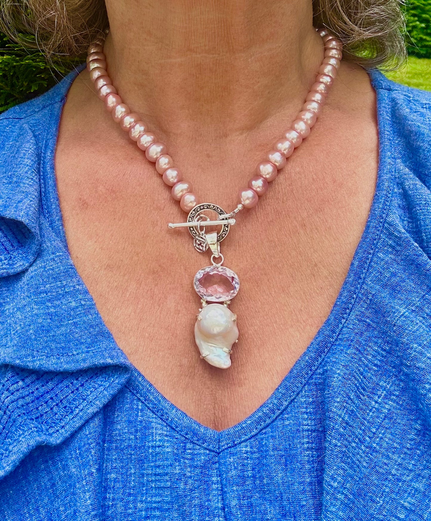 Baroque Pearl with Pink Quartz Pendant