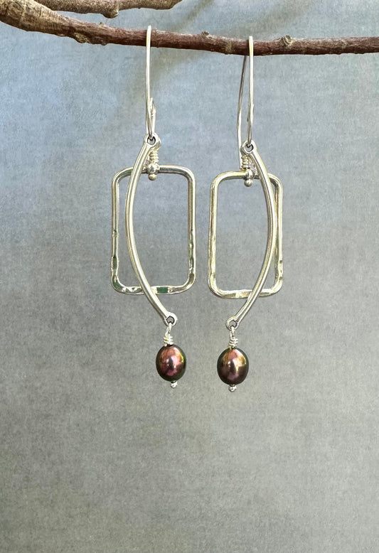 Bronze Peacock Pearl Earrings with Rectangles