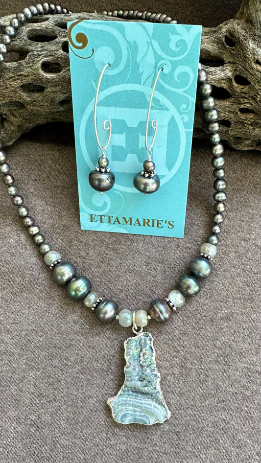 Desert Druzy with Gray Peacock Pearls (sold as set)