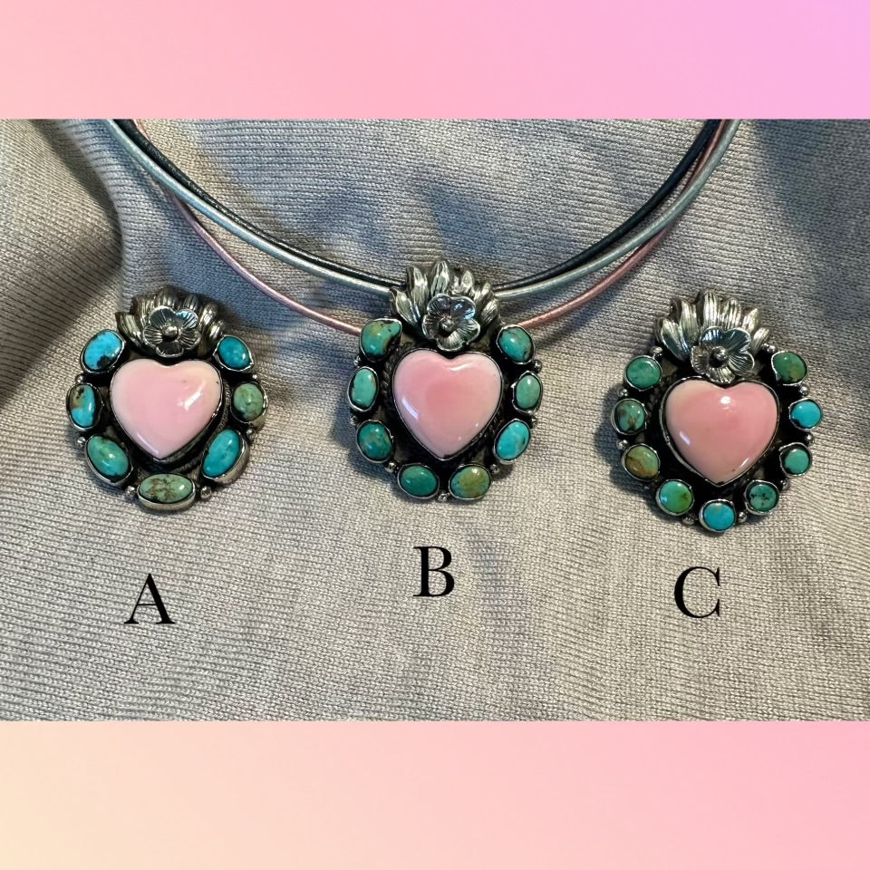 Turquoise with Pink Conch Heart Necklace