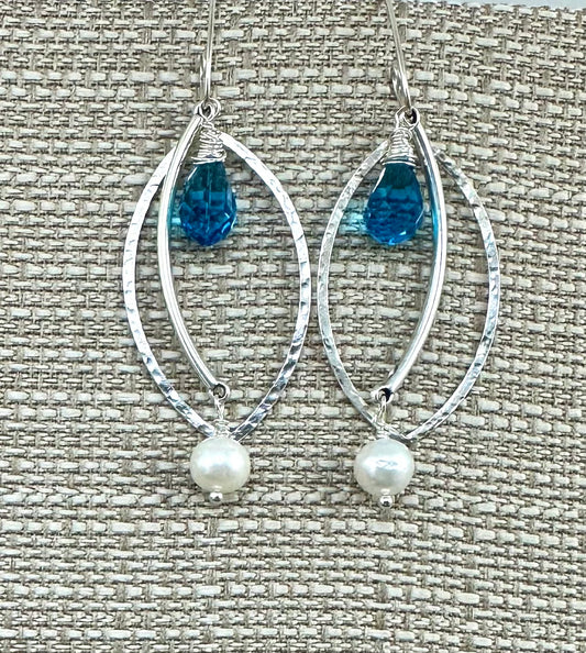 Pearl and Blue Crystal Triple Earrings